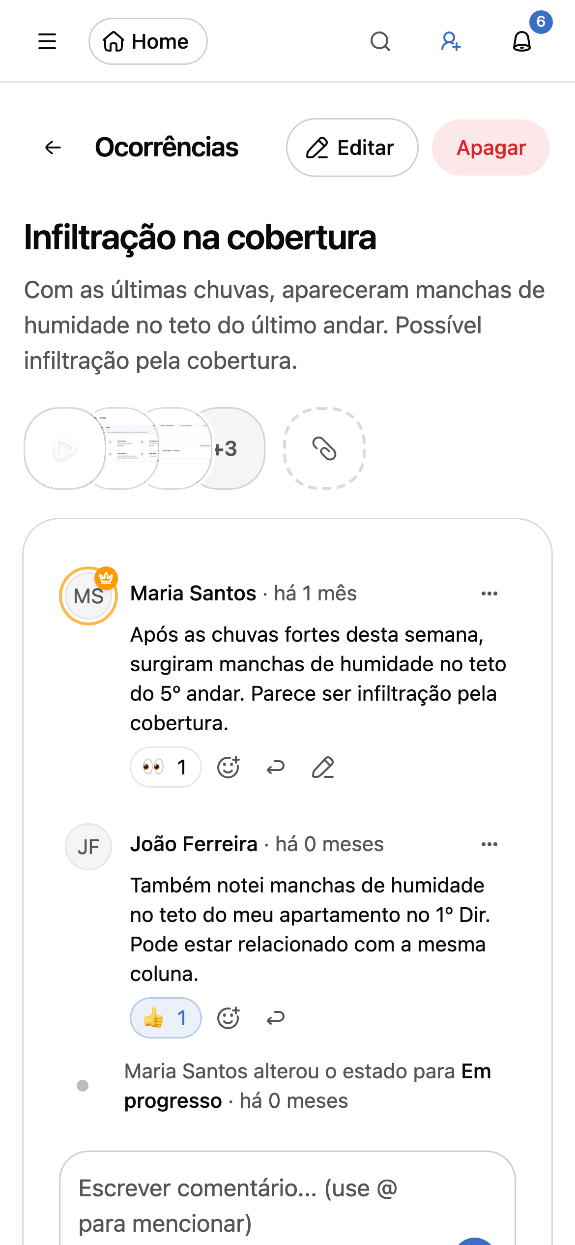 Ocorrência no telemóvel com a pilha de evidências “+N” e fotografias e vídeo anexados
