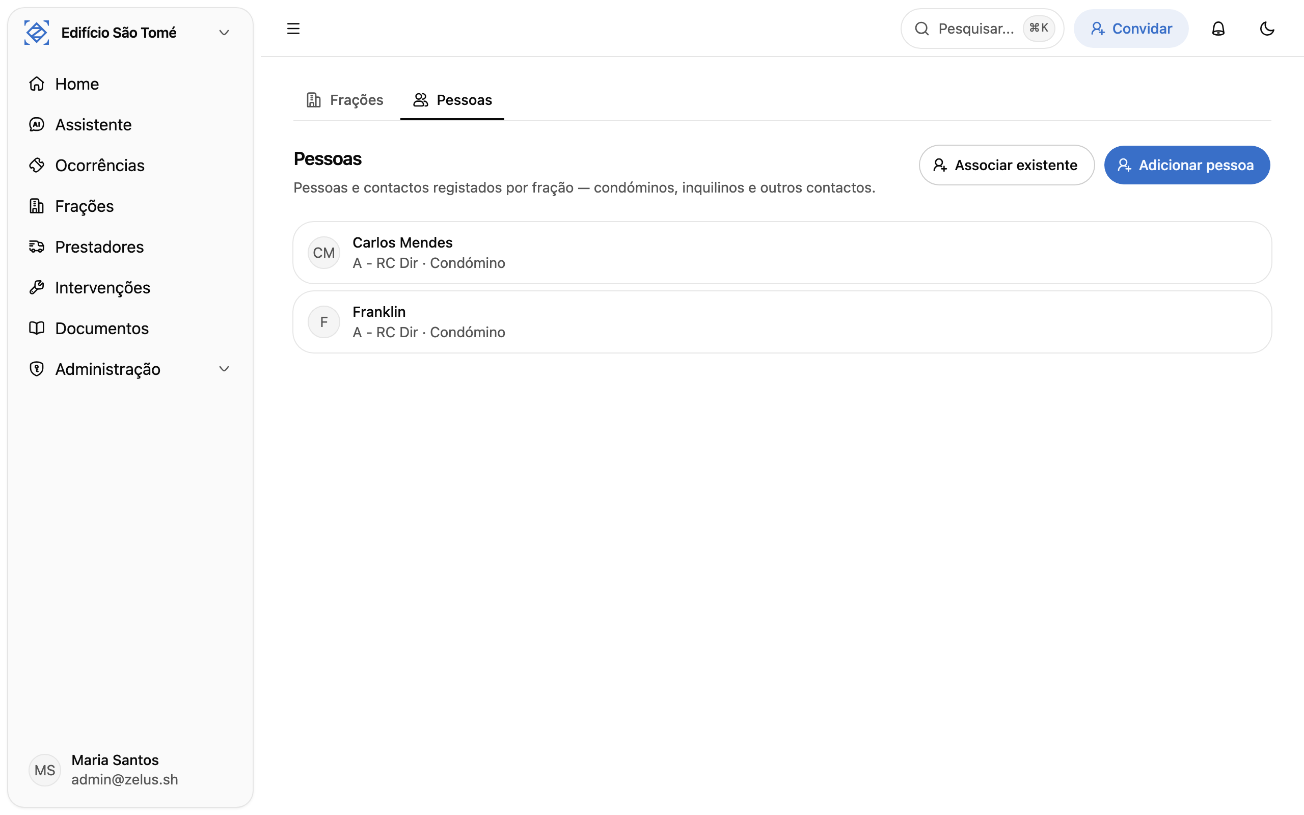 Área de Pessoas com o alternador Frações / Pessoas e a lista de pessoas com a respetiva fração e papel