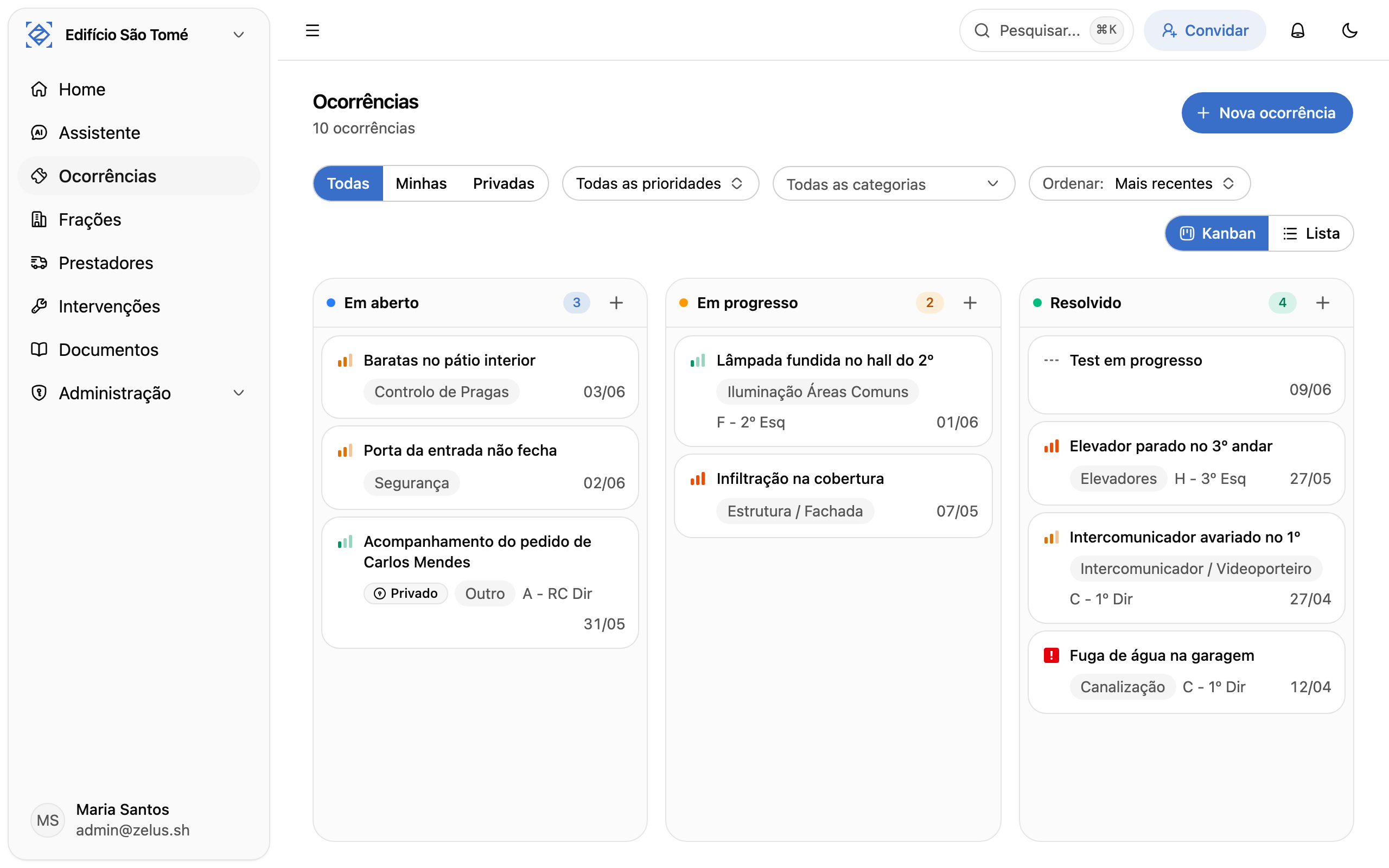 Quadro kanban das ocorrências com as colunas Em aberto, Em progresso e Resolvido e cartões com prioridade, categoria e data
