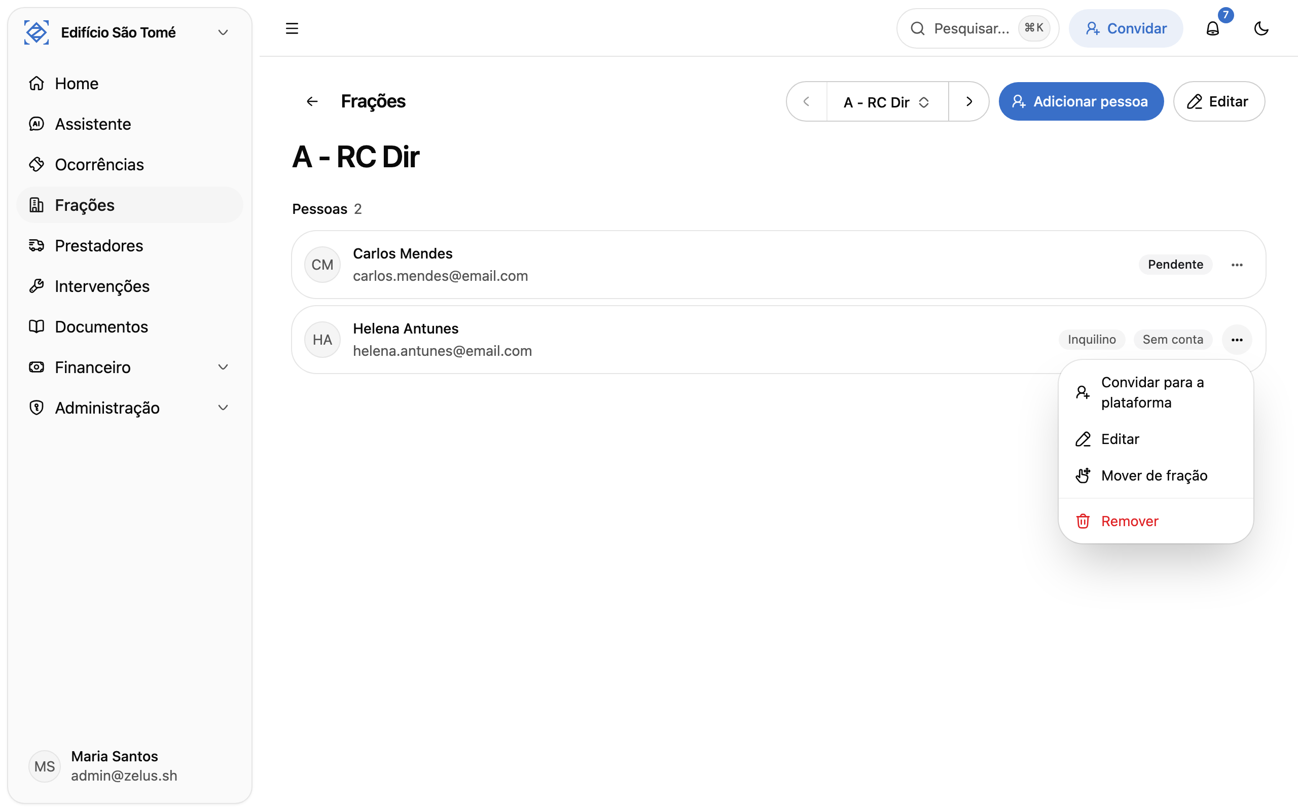 Página da fração com contacto sem conta e o menu aberto em Convidar para a plataforma