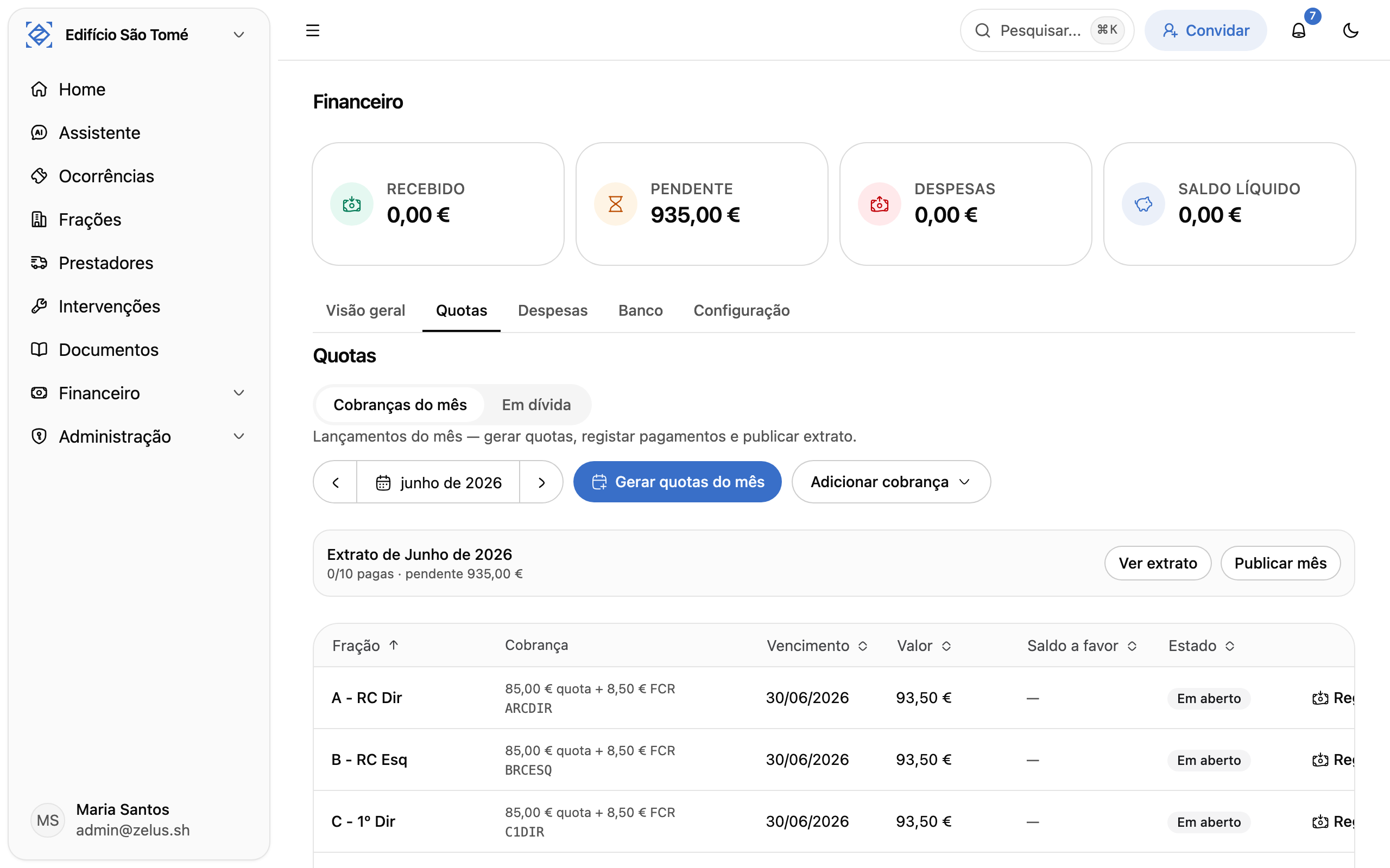 Página de quotas com o separador Cobranças do mês e a grelha de cobranças por fração