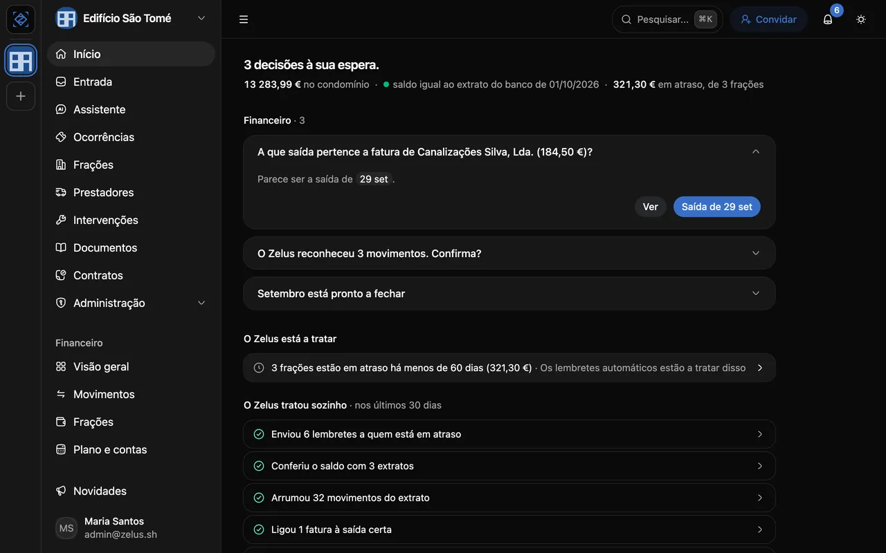 Página inicial do Zelus com as decisões à espera do administrador