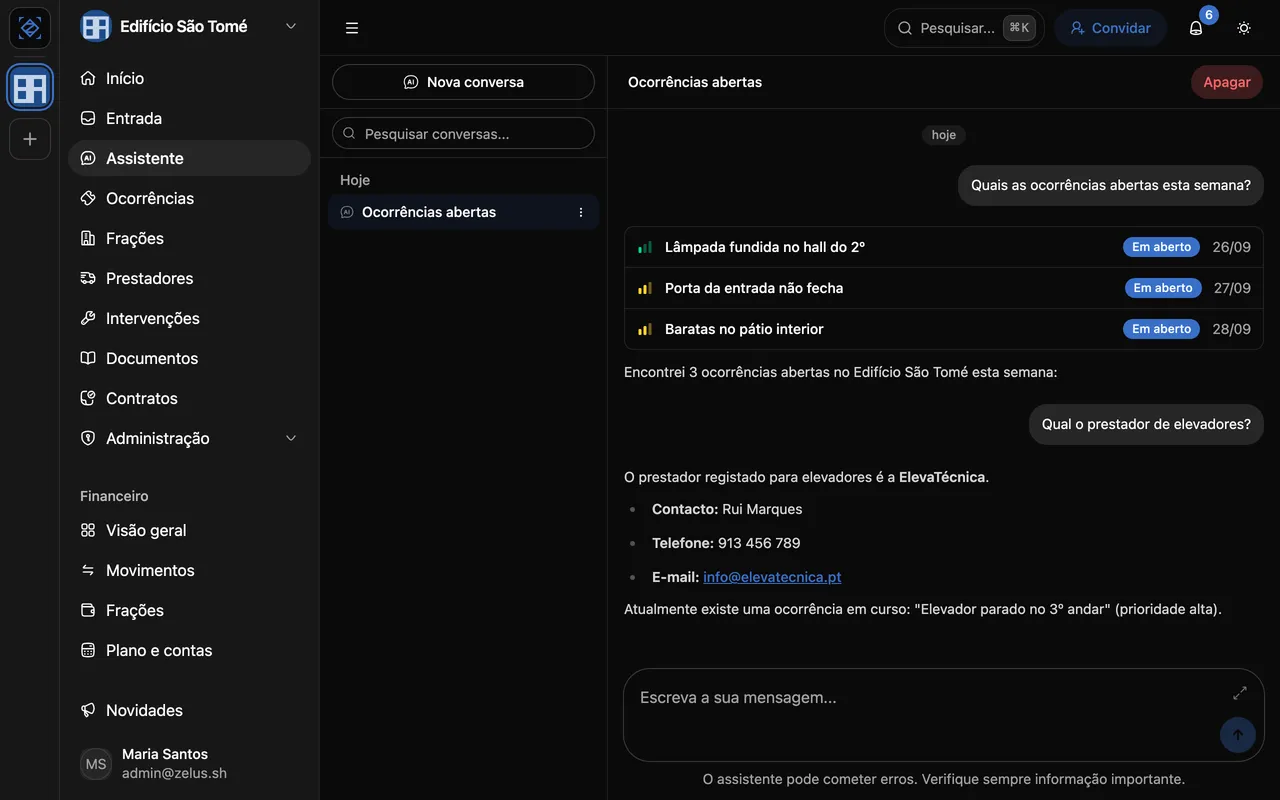 Assistente do Zelus a responder sobre os dados do condomínio