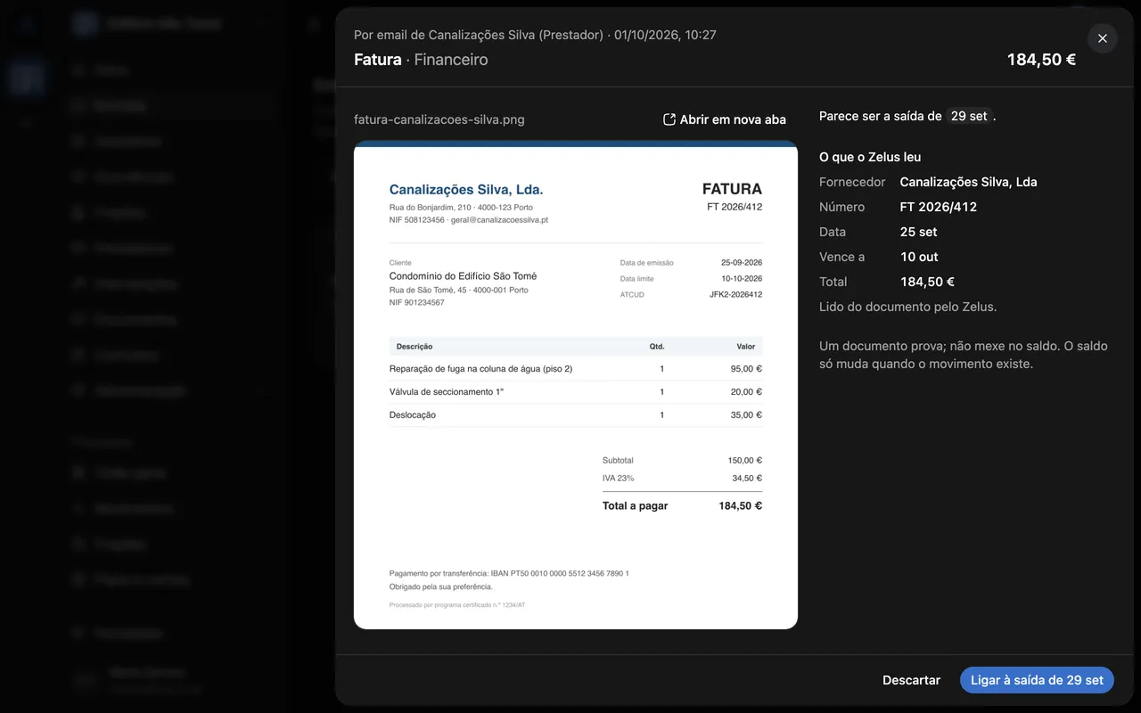 Entrada do Zelus com uma fatura lida e a proposta de a ligar ao movimento do banco